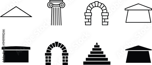 Architecture structure icons set with roof column stone arch pyramid building, minimalist line and silhouette ancient construction vector collection
