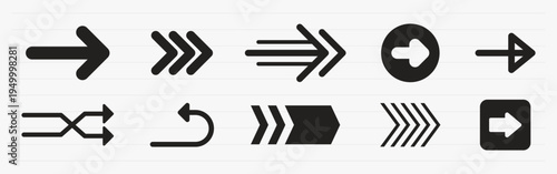 Collection of black arrows in various styles. Arrows pointing in different directions. Diverse arrow designs for navigation and direction. Element vector set.