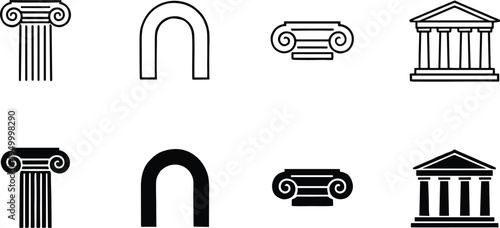 Ancient architecture icons set with Greek column arch pillar temple capitals, minimalist line and solid silhouette classical building elements vector collection