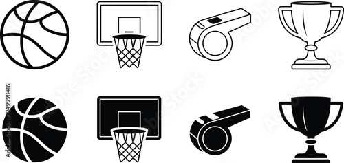 Basketball ball hoop referee whistle and trophy icon set, sports competition game equipment outline and solid vector icons collection