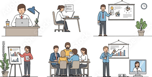 Business professionals collaborate and present data in various office settings (3)