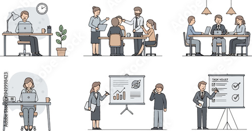 Business people collaborating, presenting, and working individually at desks