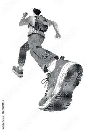 Quadro em tela Dynamic illustration of a person running with a backpack featuring a unique dott