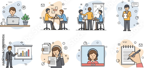 Colleagues collaborating and working in office environments and remotely