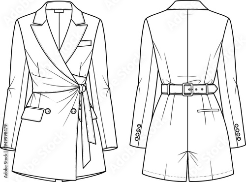 Women's tailored wrap blazer dress fashion illustration, technical garment sketch front and back view, professional apparel design vector drawing – flavector