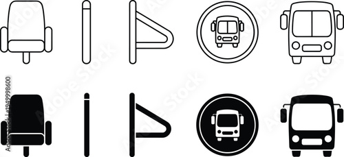 Bus seat stop sign and public bus transport icons set with outline and silhouette collection for city transport and travel design