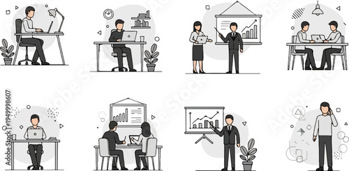 Diverse office scenes featuring people working, presenting, and communicating