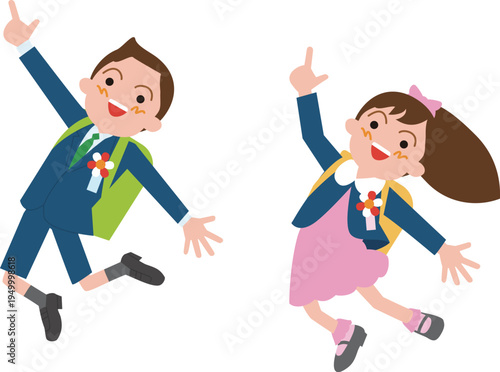 日本の小学校に入学する一年生。正装した笑顔の男の子と女の子がジャンプするイラスト。