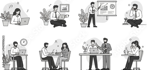 Diverse office scenes with people working, presenting, and relaxing (2)