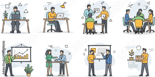 Diverse office scenes show teamwork, presentations, and individual tasks