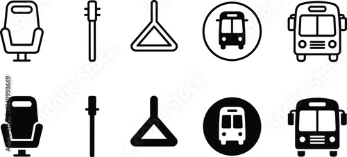 Bus transport icons set with seat handle stop sign and city bus outline and silhouette collection for public transport system design