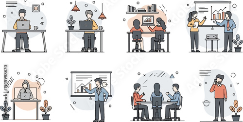 Office work scenes individuals and teams collaborating and presenting business data