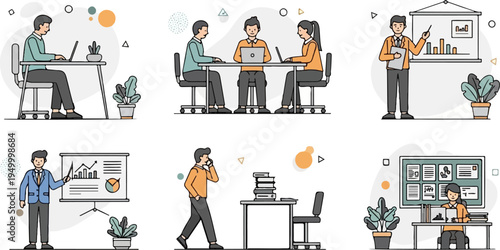 Six diverse office scenes depicting teamwork, presentations, and individual tasks