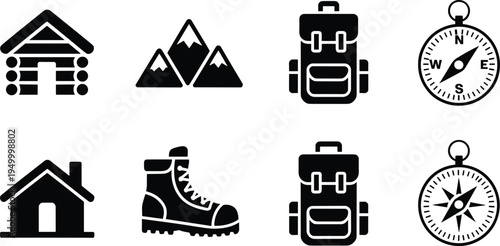 Camping cabin mountain backpack hiking boot and compass icon set, outdoor adventure travel outline and solid vector symbols collection