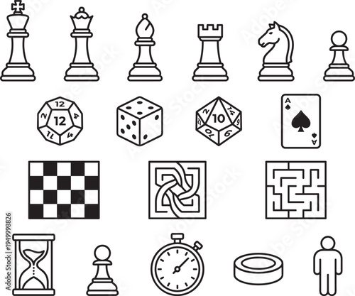 Board game elements icon set vector, chess pieces dice card maze timer strategy tabletop gaming symbols collection
