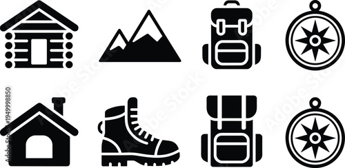 Camping cabin mountain backpack hiking boot and compass solid icon set, outdoor adventure travel vector symbols for trekking and exploration