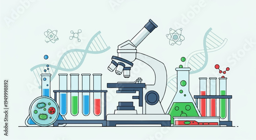 Laboratory equipment with microscope test tubes and beaker on a table with dna strands in the background for science and research
