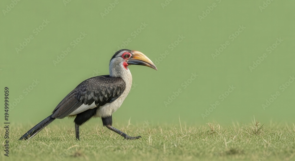 Obraz premium Elegant Hornbill Bird Standing on Green Grass in Natural Habitat