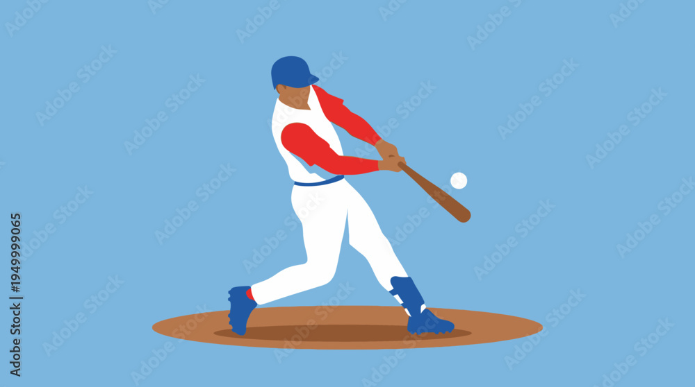 Fototapeta premium An illustration of a baseball player in a red and white uniform swinging a bat and hitting a baseball on a brown field with a blue background.