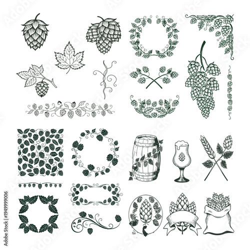 24-Piece Craft Beer Elements Kit, Vintage Linocut Hop Vector Bundle for Brewery Branding and Label Packaging Design