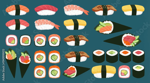 A vibrant collection of various Japanese sushi and maki rolls, including nigiri with salmon, tuna, shrimp, and eel, alongside different types of maki and hand rolls, presented on a dark background.