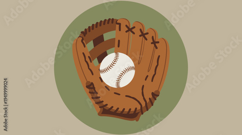 A classic brown leather baseball glove with a white baseball nestled inside, depicted in a simple graphic style on a circular olive-green background.