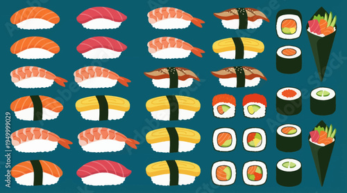 A vibrant collection of various Japanese sushi and sashimi pieces, including nigiri, maki rolls, and temaki, arranged neatly on a dark blue background.