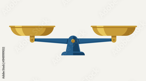 A perfectly balanced, empty, classic golden and blue beam balance scale on a plain background, symbolizing justice, equality, and equilibrium.
