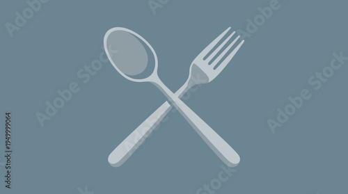 A simple graphic illustration of a silver spoon and fork crossed over each other on a solid blue-grey background, representing cutlery.