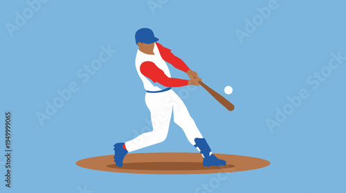 An illustration of a baseball player in a red and white uniform swinging a bat and hitting a baseball on a brown field with a blue background.