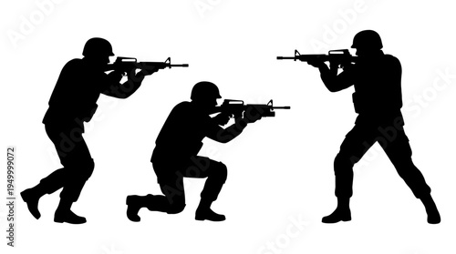 Three military soldier silhouettes in various combat stances holding assault rifles against a clean white background.