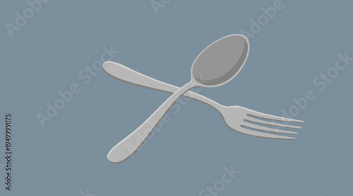 A simple illustration of a silver spoon and fork crossed over each other on a solid blue-grey background, representing dining utensils.