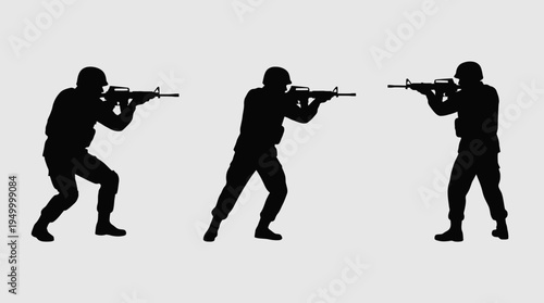 Three black silhouettes of soldiers in combat gear holding rifles in various tactical positions against a plain background.
