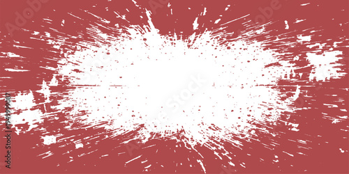 Abstract white splatters explode across a red backdrop.