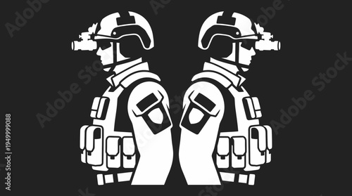 Two mirrored tactical soldiers in profile, wearing helmets with night vision goggles and combat vests, depicted in a stark black and white graphic.