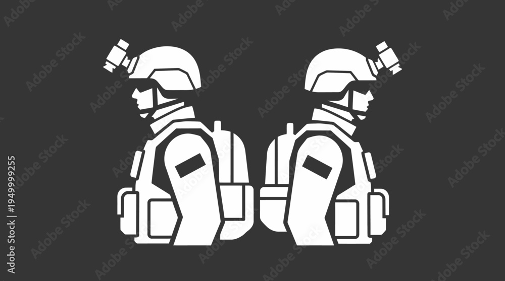 Obraz premium Two stylized soldiers back-to-back, wearing tactical gear and helmets with night vision devices, in a minimalist graphic design.