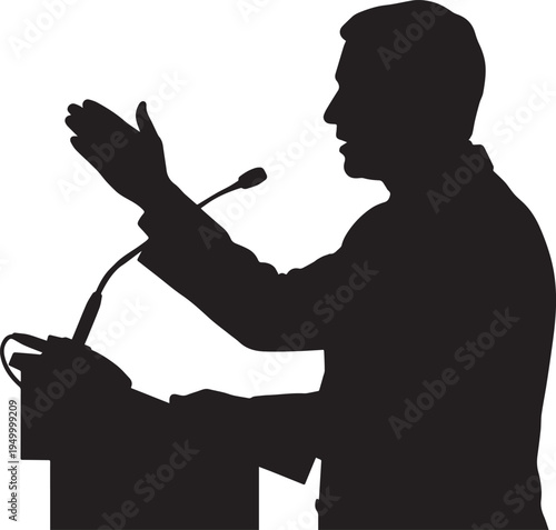 A black silhouette of a confident man standing at a podium and gesturing while giving a speech Vector, illustration