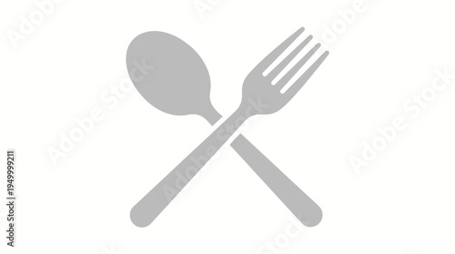 Simple grey icon of a spoon and a fork crossed over each other on a white background, representing dining or cutlery.