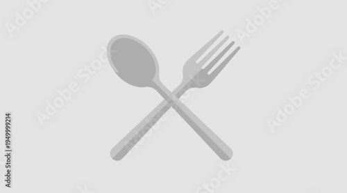 A simple graphic illustration of a grey spoon and a grey fork crossed over each other, symbolizing dining or cutlery.