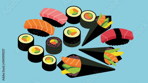 An assortment of traditional Japanese sushi, maki rolls, and temaki hand rolls displayed on a light blue background.