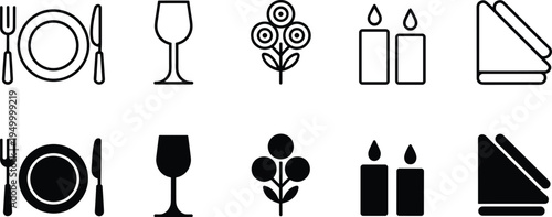 Dining table setting wine glass flower candles and napkin icon set, restaurant dinner outline and solid vector icons collection