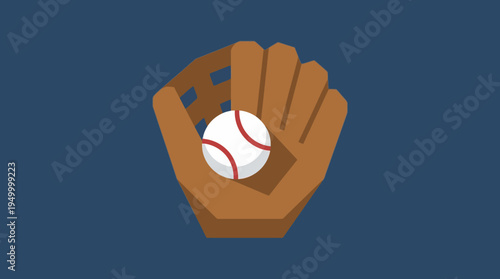 A brown baseball glove with a white baseball featuring red stitches on a dark blue background, depicted in a flat graphic style.