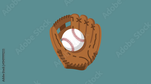 A brown baseball glove holding a white baseball with red stitching on a teal background, flat illustration style.
