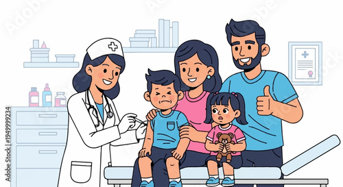 Happy family with two children receiving medical checkup from smiling nurse in clinic doctor's office with parents giving thumbs up healthy kids getting vaccinated