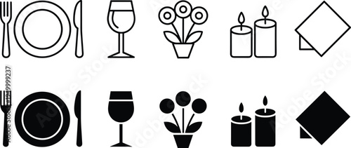 Dining table setting wine glass flower pot candles and napkin icon set, restaurant dinner outline and solid vector icons collection