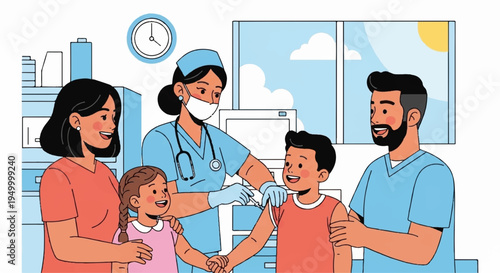 Family supporting a young boy getting a medical injection or vaccination from a nurse in a clinic with a sunny window background