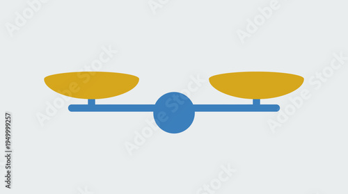 Simple flat design illustration of a blue and gold balance scale showing perfect equilibrium on a light grey background.