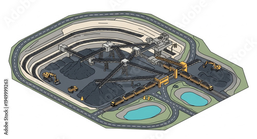 Aerial view of a large industrial mining operation with heavy machinery.