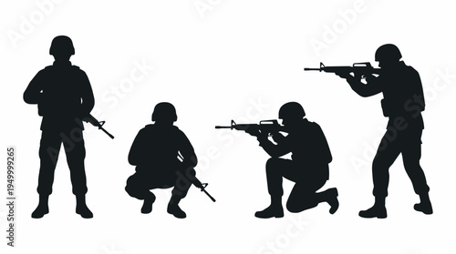 Four black silhouettes of soldiers in different combat poses with rifles on a white background.