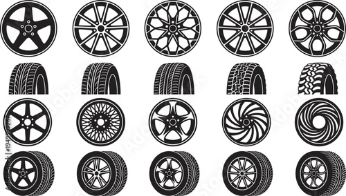 Car wheel rim and tire silhouette collection, automotive alloy rim designs and tread types vector icon set isolated black